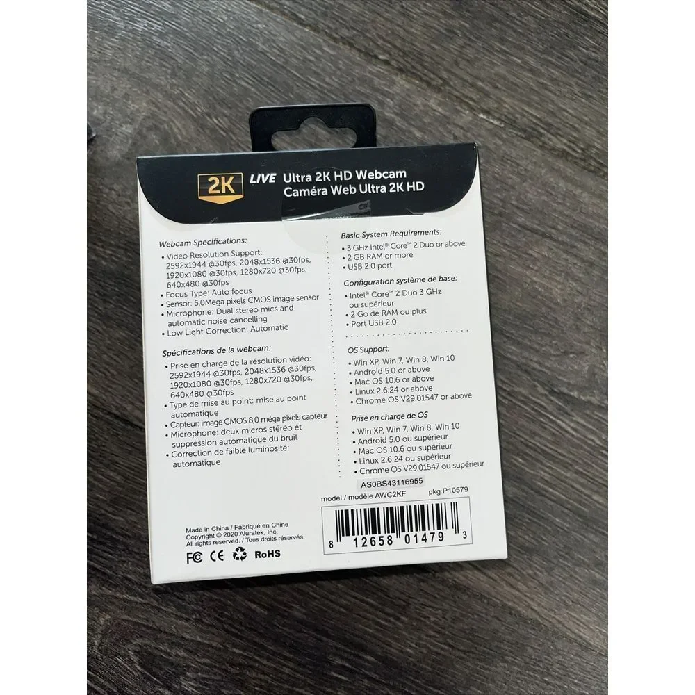 Aluratek 2K HD Webcam with Dual Stereo Noise Cancelling‎ Mics, Auto Focus New